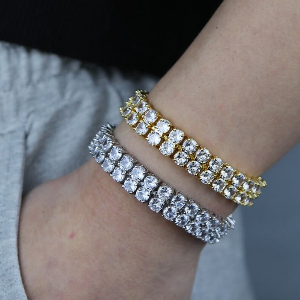 Diamond CZ Double Row 10mm Tennis Bracelet I Gold + Silver Tennis Bracelet 127 - Picture 1 of 12